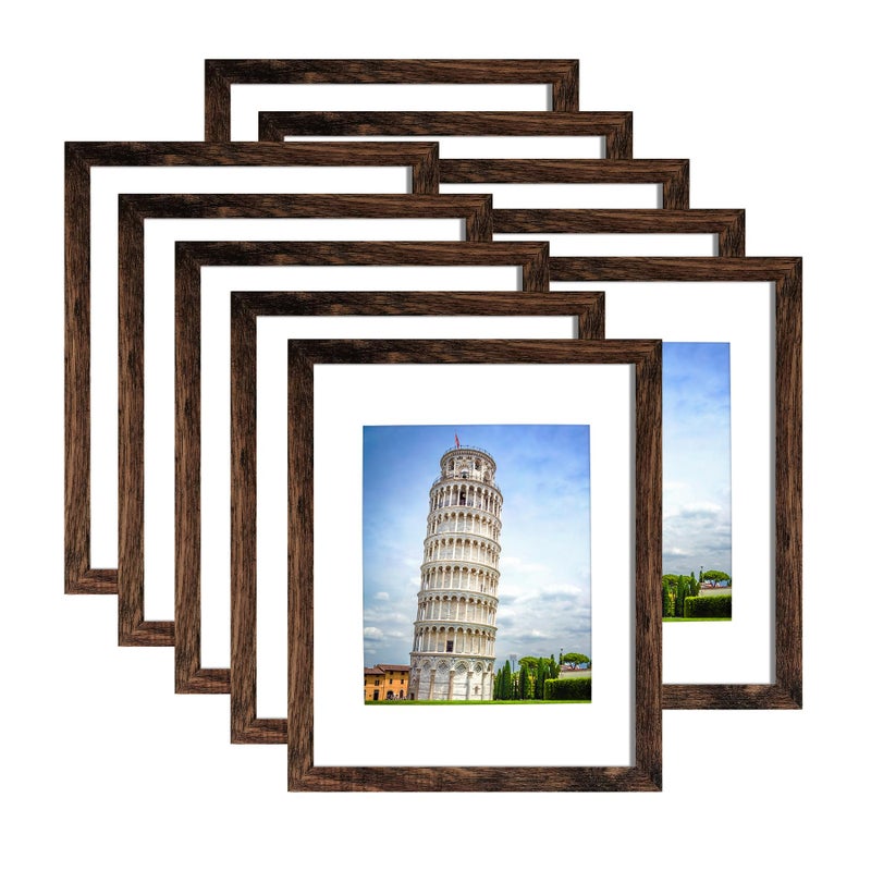 SESEAT 8x10 Picture Frame Set of 10, Display Pictures 5x7 with Mat or 8x10 Prints without Mat, Wall Mounting or Tabletop, Brown - Image 1